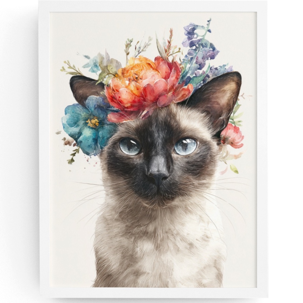 Watercolor Siamese Cat with Flower Crown Wall Art Print Unframed